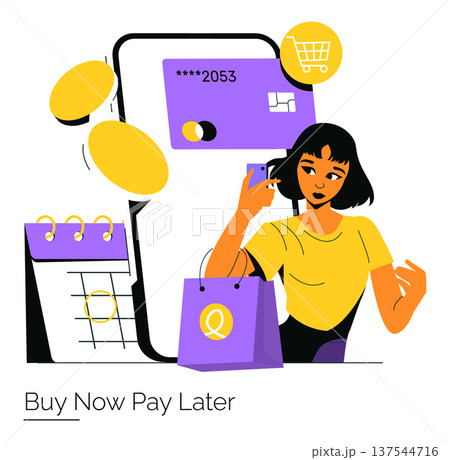 Vector illustration depicting a person using a smartphone for a buy now pay later transaction. Features shopping cart, credit card, and shopping bag elements, highlighting modern finance. Vector illustration depicting a person using a smartphone for a buy now pay later transaction. Features shopping cart, credit card, and shopping bag elements, highlighting modern finance. 137544716