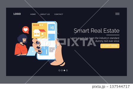 Vector illustration of a smart real estate mobile app interface. A person interacts with the app, which highlights property listings and user engagement features like ratings and favorites. 137544717