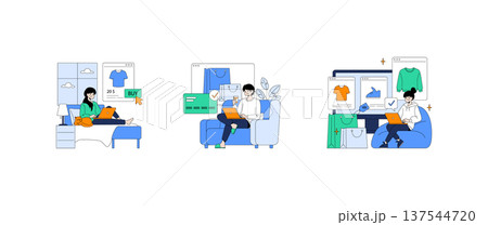 Three illustrations depicting people engaging in online shopping from home. Each person uses a laptop to browse clothing and make purchases, showcasing the convenience and ease of shopping online. Three illustrations depicting people engaging in online shopping from home. Each person uses a laptop to browse clothing and make purchases, showcasing the convenience and ease of shopping online. 137544720