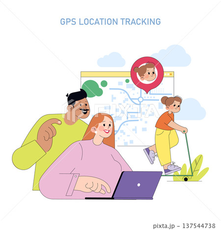 Family members happily engage with a GPS location tracking app on a laptop as a child rides a scooter outside. The vector illustration highlights technology and family safety. Family members happily engage with a GPS location tracking app on a laptop as a child rides a scooter outside. The vector illustration highlights technology and family safety. 137544738