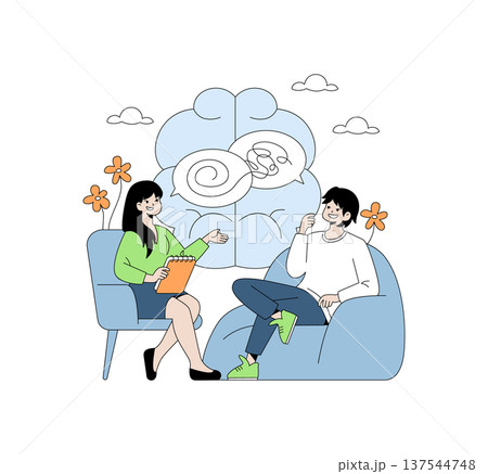 Vector illustration of a therapist and client engaging in a discussion. The scene depicts a positive interaction with thoughtful expressions, suggesting a supportive environment for conversation. 137544748