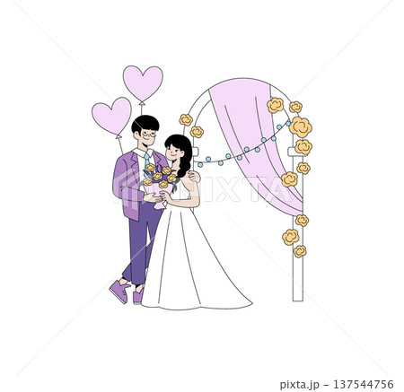Wedding couple in love standing under a decorated arch with floral accents and heart-shaped balloons Vector illustration captures romantic wedding day moments in a playful style 137544756