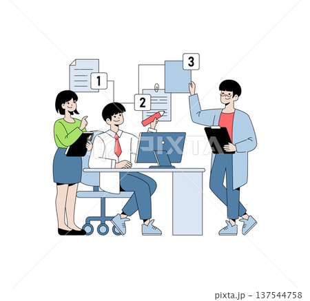 Vector illustration of three people collaborating in an office setting, engaged in task assignment using a computer. Graphic shows documents labeled 1, 2, and 3, suggesting workflow. Vector illustration of three people collaborating in an office setting, engaged in task assignment using a computer. Graphic shows documents labeled 1, 2, and 3, suggesting workflow. 137544758