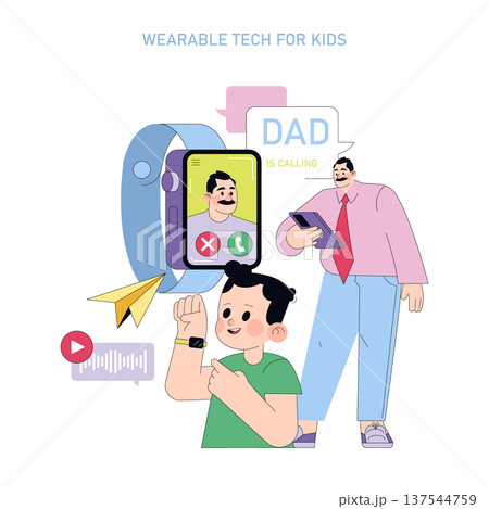 Vector illustration depicting a child using wearable technology to receive a call from their father. Highlights digital communication between child and parent, emphasizing connection. 137544759