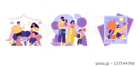 A vector illustration depicting joyful family moments. The image shows a family engaging in various activities, including sitting together happily, going for a walk, and enjoying a selfie. The overall A vector illustration depicting joyful family moments. The image shows a family engaging in various activities, including sitting together happily, going for a walk, and enjoying a selfie. The overall 137544760