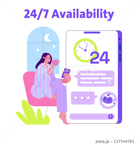 Vector illustration of a woman in pajamas using a mobile app for 24 7 communication. The scene includes a large phone display showing constant connectivity and messaging. Vector illustration of a woman in pajamas using a mobile app for 24 7 communication. The scene includes a large phone display showing constant connectivity and messaging. 137544761
