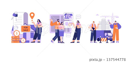 Real estate vector illustration showing three scenes of property sales, online property searches, and construction planning. People interact and discuss housing solutions and construction projects. Real estate vector illustration showing three scenes of property sales, online property searches, and construction planning. People interact and discuss housing solutions and construction projects. 137544778