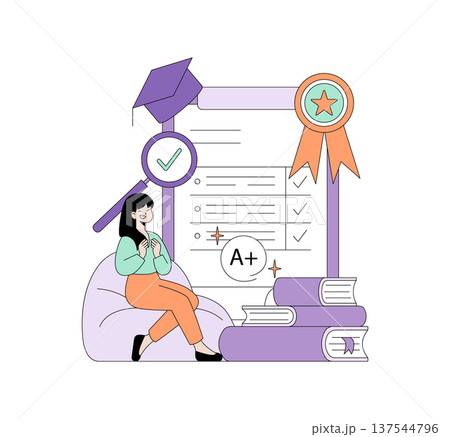 A student sits joyfully next to a checklist and books, celebrating an outstanding grade. This vector illustration highlights academic success with elements like a cap and ribbon, symbolizing 137544796
