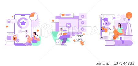 Vector illustration depicting online learning activities. Students interact with educational platforms and AI tutors using digital devices, highlighting technological education methods. Vector illustration depicting online learning activities. Students interact with educational platforms and AI tutors using digital devices, highlighting technological education methods. 137544833