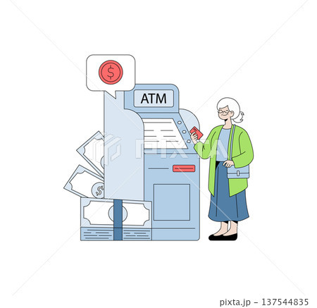 Vector illustration of an elderly woman operating an ATM, withdrawing cash with a card. Features include ATM machine, currency notes, and a smiling expression indicating satisfaction. 137544835