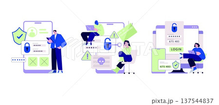 Vector illustration depicting concepts of online security. Includes individuals interacting with symbols of digital safety and threats, highlighting challenges faced in virtual environments. 137544837