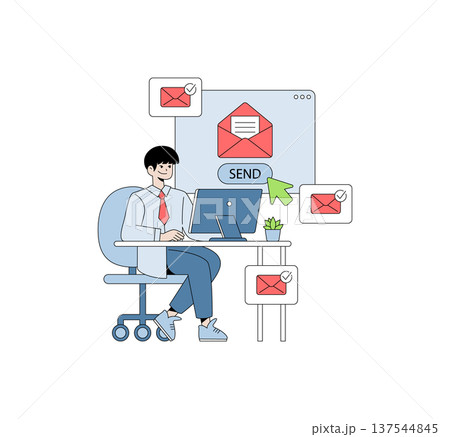 Vector illustration of a professional working at a desk, sending emails. The individual appears focused and content, surrounded by digital mail icons indicating activity. Vector illustration of a professional working at a desk, sending emails. The individual appears focused and content, surrounded by digital mail icons indicating activity. 137544845