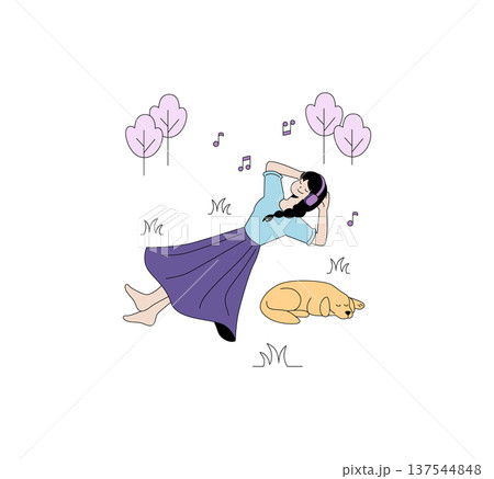 Vector illustration of a person lying on grass with headphones, listening to music and relaxing beside a sleeping dog in a tranquil setting with trees and musical notes. Vector illustration of a person lying on grass with headphones, listening to music and relaxing beside a sleeping dog in a tranquil setting with trees and musical notes. 137544848