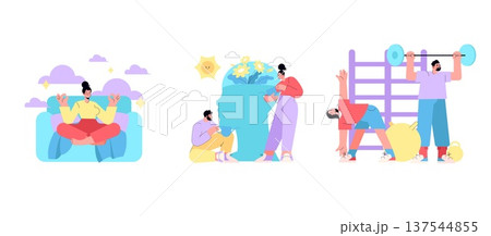 Vector illustration depicting a person meditating on a sofa, another nurturing growth by watering plants, and a third lifting weights for fitness, showcasing balance and wellbeing. Vector illustration depicting a person meditating on a sofa, another nurturing growth by watering plants, and a third lifting weights for fitness, showcasing balance and wellbeing. 137544855