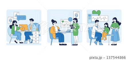 Medical staff interacting with patients in various healthcare settings. Vector illustrations depict consultations, checkups, and heart monitoring, highlighting patient-doctor communication and care. Medical staff interacting with patients in various healthcare settings. Vector illustrations depict consultations, checkups, and heart monitoring, highlighting patient-doctor communication and care. 137544866