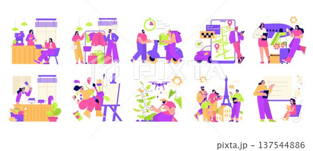 Vector illustration showcasing various professions in a colorful, engaging style. Depicts different occupations through ten distinct scenes, highlighting dynamic individuals in action. 137544886