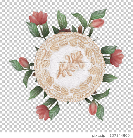 Watercolor illustration Wedding collection Round sweet lambeth cake made of cream and cream with red flowers and green leaves PNG transparent background Hand drawing Vintage 137544909