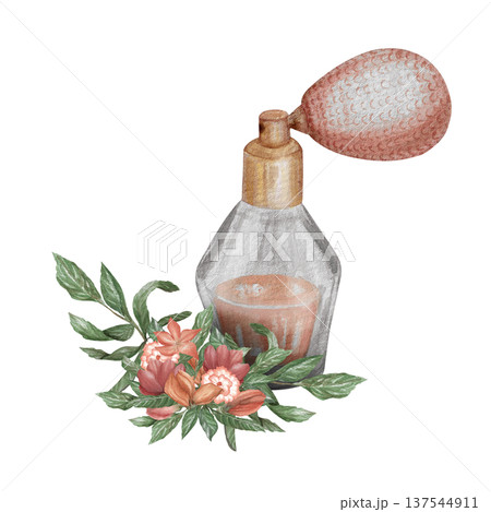 Watercolor illustration Wedding collection Bottle with perfume, aromas, flower arrangement with red buds PNG transparent background Hand drawing Vintage 137544911