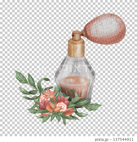 Watercolor illustration Wedding collection Bottle with perfume, aromas, flower arrangement with red buds PNG transparent background Hand drawing Vintage 137544911