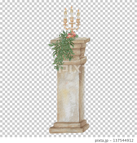 Watercolor illustration Wedding collection Tall vertical stone granite column with candlestick and plants with red flowers Environmental decoration PNG transparent background Hand drawing Vintage 137544912
