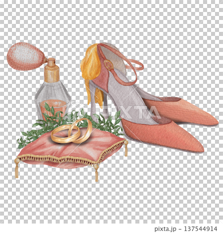 Watercolor illustration Wedding collection Decorations on  red high heels, perfume and a red pillow Rings and greenery PNG transparent background Hand drawing Vintage 137544914