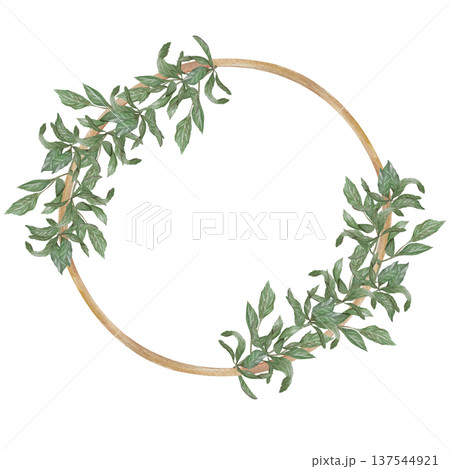 Watercolor illustration Wedding collection Frame of golden circle with plants and leaves PNG transparent background Hand drawing Watercolor illustration Wedding collection Frame of golden circle with plants and leaves PNG transparent background Hand drawing 137544921
