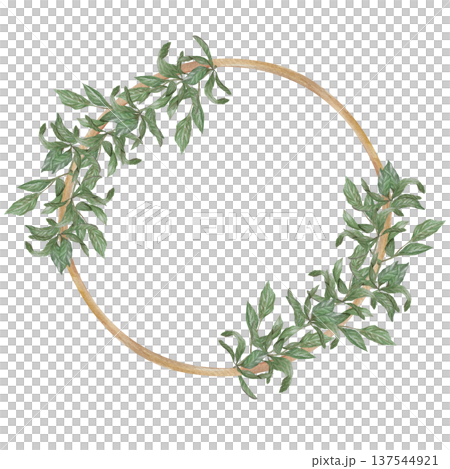Watercolor illustration Wedding collection Frame of golden circle with plants and leaves PNG transparent background Hand drawing Watercolor illustration Wedding collection Frame of golden circle with plants and leaves PNG transparent background Hand drawing 137544921