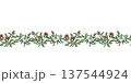 Seamless Border for card Horizontal banner Watercolor illustration Wedding collection Ribbon of red and white flowers, green plants and branches PNG transparent background Hand drawn 137544924