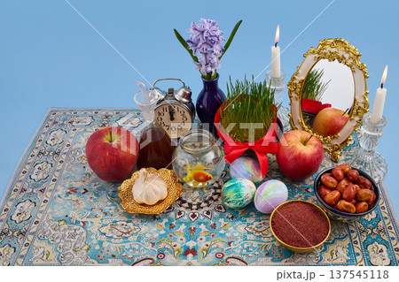 Haft-sin table celebrating nowruz, persian new year tradition Haft-sin table celebrating nowruz, persian new year tradition 137545118