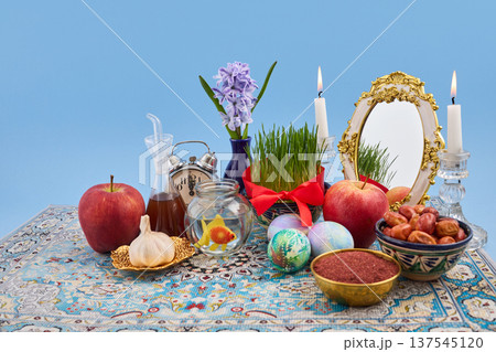 Haft-sin elements celebrating nowruz persian new year tradition Haft-sin elements celebrating nowruz persian new year tradition 137545120