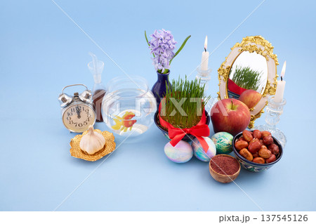 Nowruz haft-sin table representing persian new year traditions 137545126