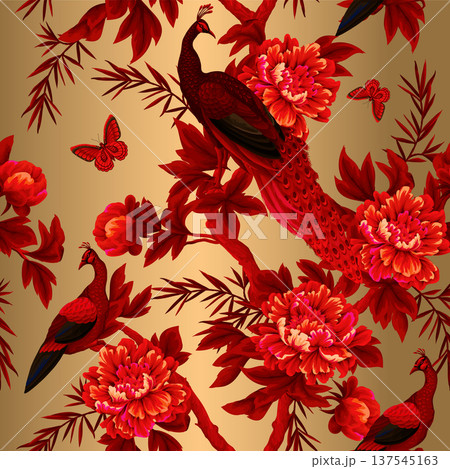 Chinoiserie peacock seamless pattern with red flowers oriental vintage wallpaper design 137545163