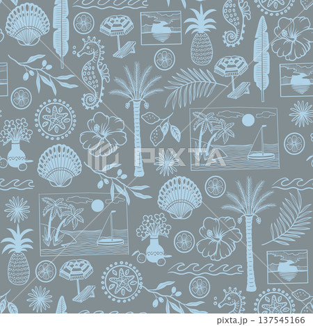Tropical mediterranean seamless pattern with coastal frames botanical summer line art 137545166