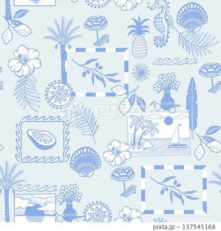 Tropical mediterranean seamless pattern with coastal frames botanical summer line art 137545168