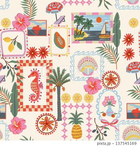 Tropical frame seamless pattern with palm pineapple seahorse flowers coastal summer illustration 137545169