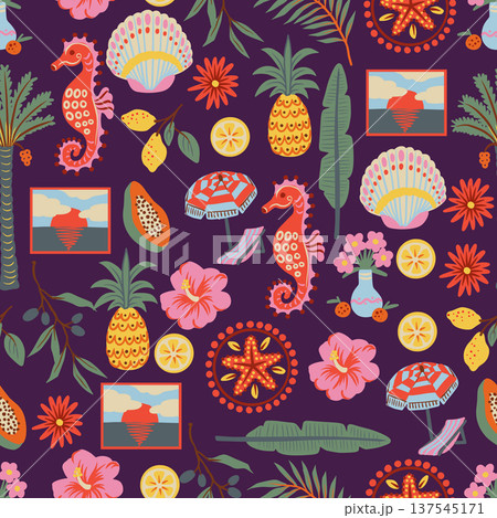 Tropical frame seamless pattern with palm pineapple seahorse flowers coastal summer illustration 137545171