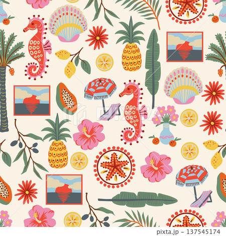 Tropical frame seamless pattern with palm pineapple seahorse flowers coastal summer illustration 137545174
