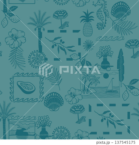 Tropical mediterranean seamless pattern with coastal frames botanical summer line art 137545175
