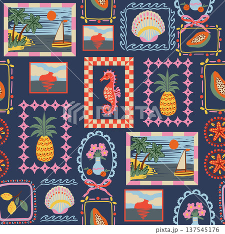 Tropical frame seamless pattern with palm pineapple seahorse flowers coastal summer illustration Tropical frame seamless pattern with palm pineapple seahorse flowers coastal summer illustration 137545176