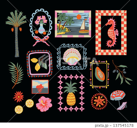 Tropical mediterranean elements with framed coastal fruits flowers and summer illustrations vector isolated 137545178