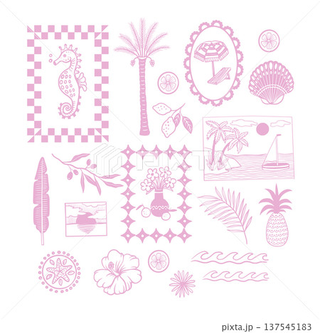 Tropical mediterranean elements with coastal frames botanical summer line art Tropical mediterranean elements with coastal frames botanical summer line art 137545183