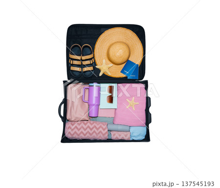Open suitcase filled with summer vacation essentials including a straw hat, sandals, beach towels, sunglasses, and a water bottle arranged neatly on a white background Open suitcase filled with summer vacation essentials including a straw hat, sandals, beach towels, sunglasses, and a water bottle arranged neatly on a white background 137545193