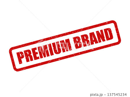 Distressed red rubber stamp impression with the text PREMIUM BRAND for quality assurance and high value products 137545234