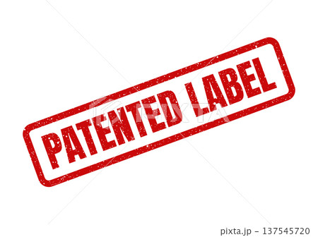 Distressed rubber stamp label indicating patented status for intellectual property rights and product identification 137545720