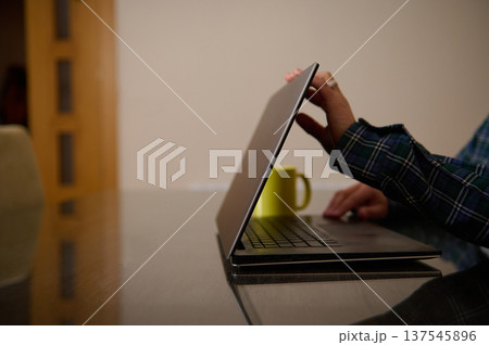 Woman Entrepreneur Working From Home With Laptop Telecommuting Casual Remote Work Setup 137545896