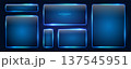A set of blue rectangular neon frames of different sizes with glowing effects and illumination on a dark background. 137545951