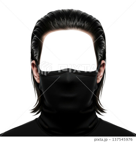 Mannequin head with slicked back black hair and black face mask mockup 137545976