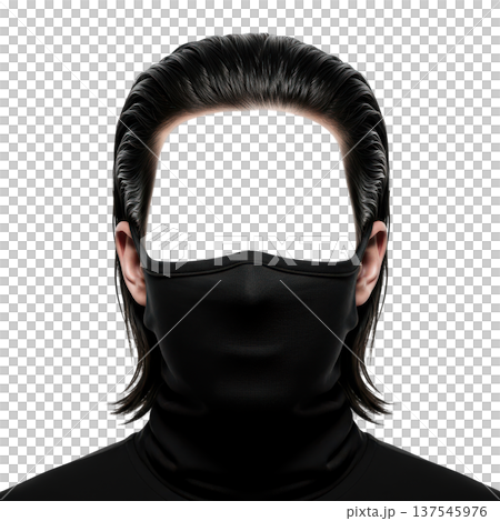 Mannequin head with slicked back black hair and black face mask mockup 137545976