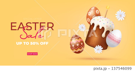 Easter sale banner with cake and decorated eggs 137546099