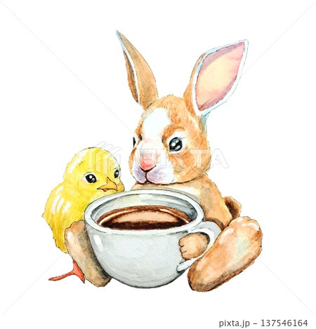 ウサギとヒヨコのコーヒータイム（手描き水彩） 137546164